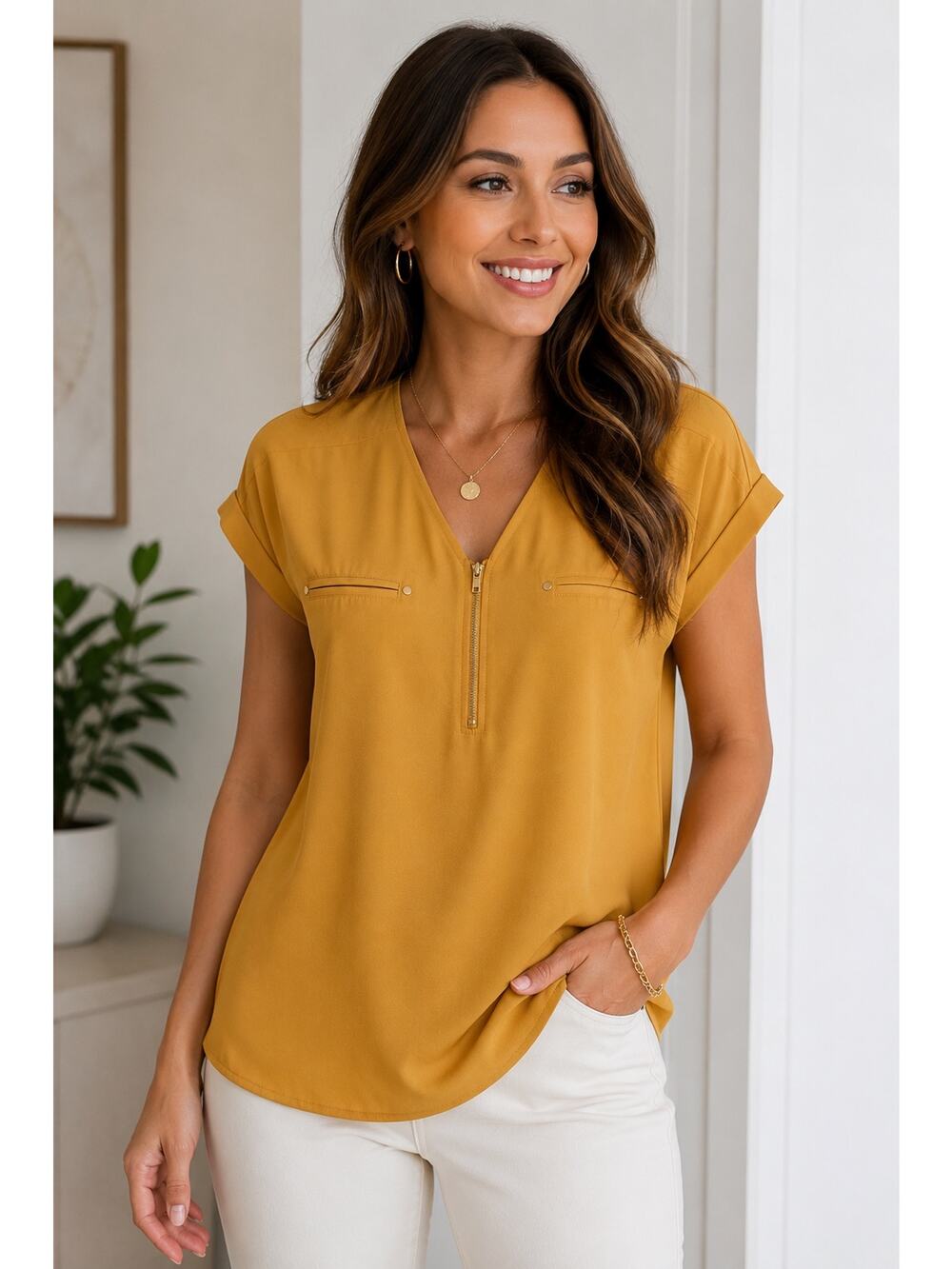 Mustard Yellow Zip Front Blouse Short Sleeve V-Neck Top Casual Shirt SZ XL